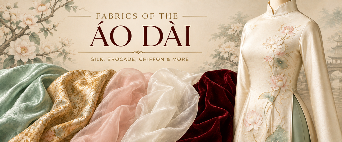A visual overview of áo dài fabrics including silk, brocade, chiffon, organza, velvet, and lace