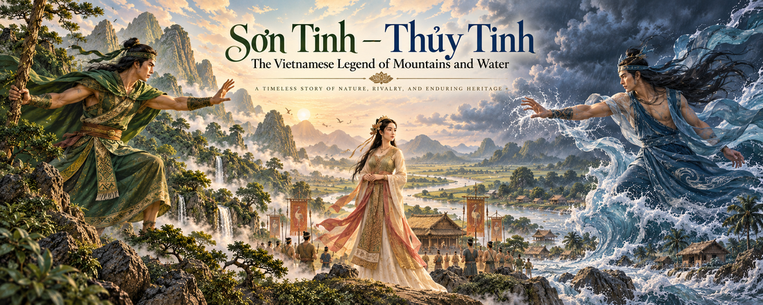 Illustration of Sơn Tinh among mountains and Thủy Tinh amid waves, with Princess Mỵ Nương between them.