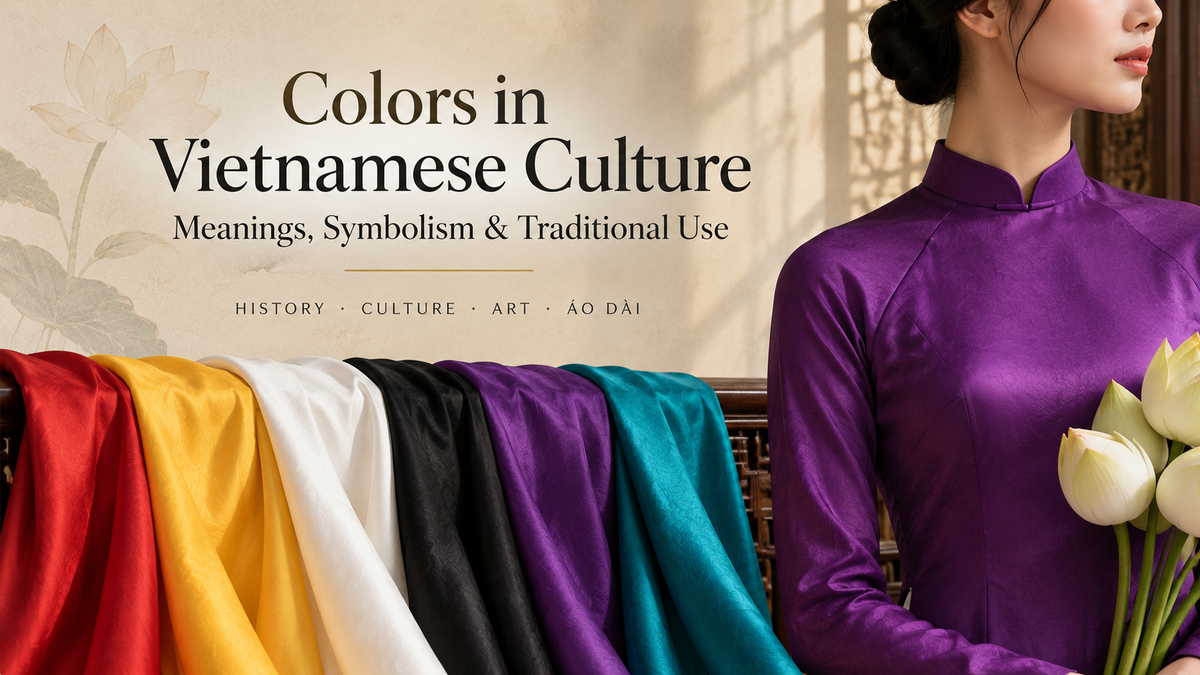 Six áo dài in red, yellow, white, black, purple, and blue-green arranged to illustrate color in Vietnamese dress and visual culture
