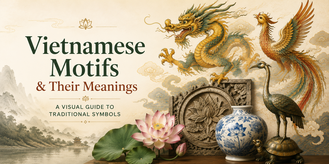 A collection of traditional Vietnamese decorative motifs including the lotus, dragon, phoenix, carp, crane, tortoise, and bamboo, illustrating symbols from Vietnamese art and cultural heritage