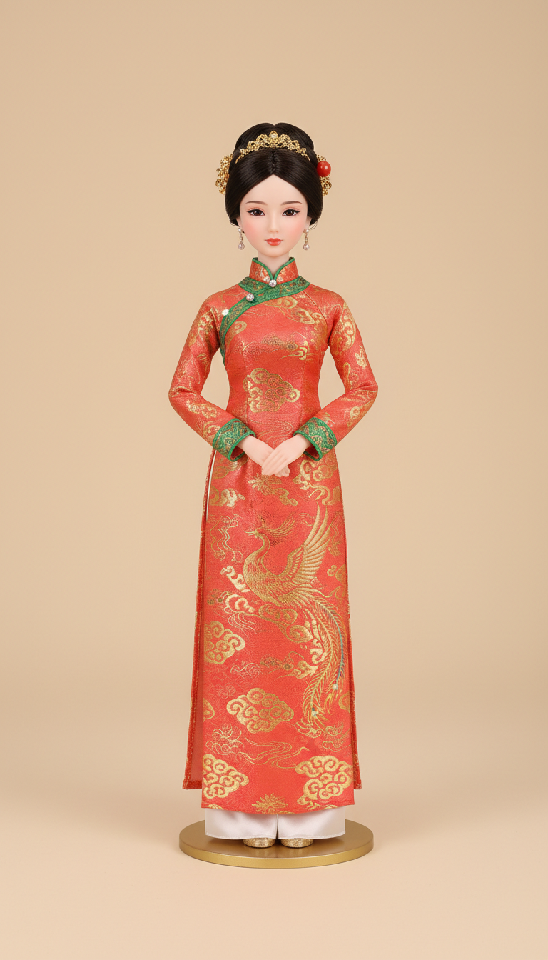 Resin Doll with Coral Lacquer Festival Áo Dài