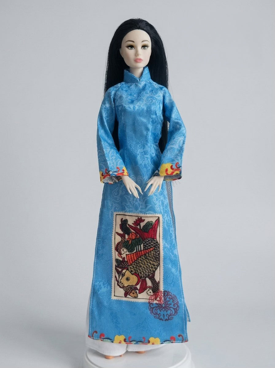 Blue Carp Vietnamese Áo Dài Doll | Handmade Cultural Collectible | Ao Dai Art